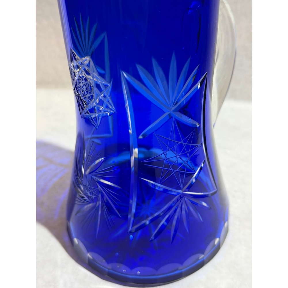 Vintage Bohemian Czech Cobalt Blue Cut to Clear Glass Pitcher and 4 Tumbler Set - Picture 10 of 16